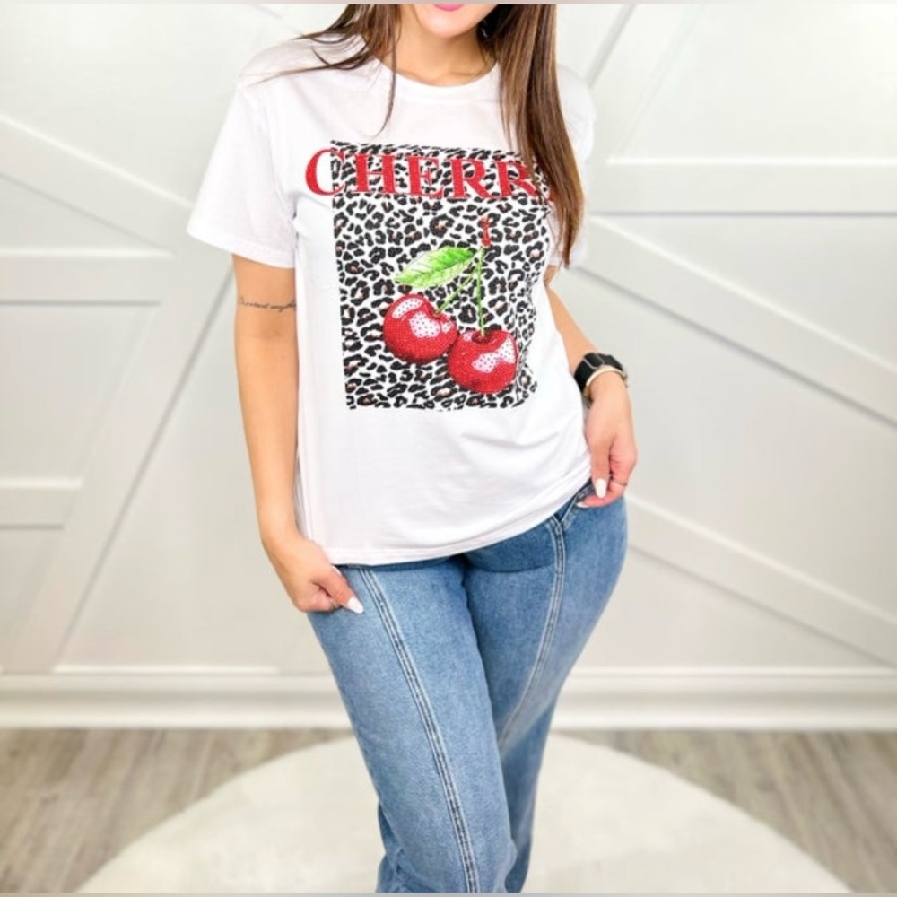 NWT White Cherry Blingy Graphic T-Shirt